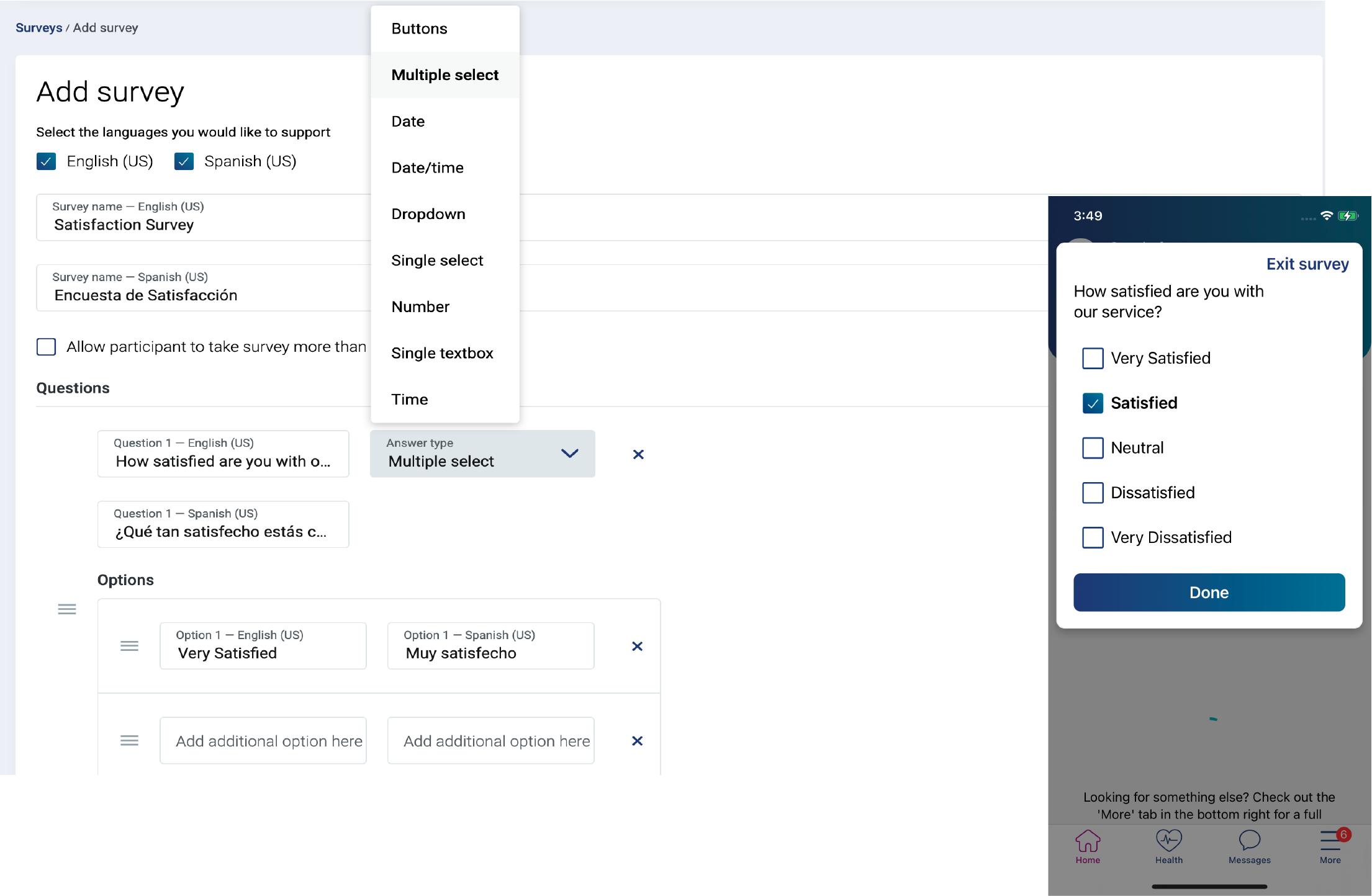 The Survey Builder Interface and Patient mobile survey experience